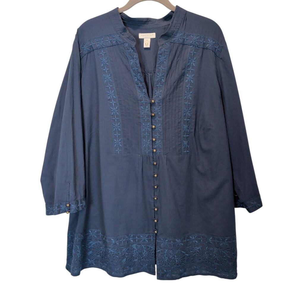 Charter Club Sz 20W Blue Embroidered Brass Button Front Pleated Tunic Shirt